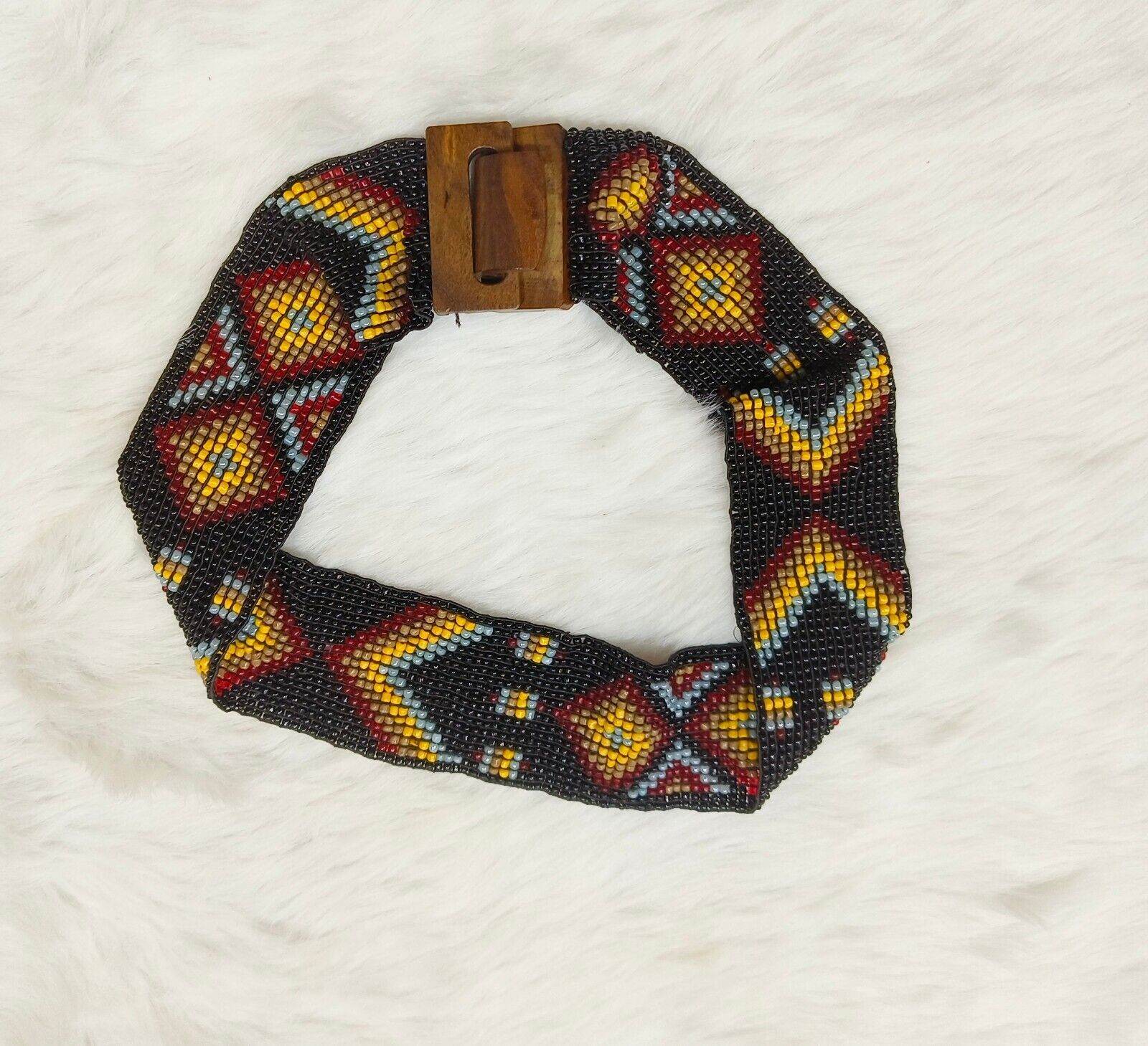 Handmade Stretchable Seed Beaded Belt with Wood Buckle Clasp - Black - Guleel