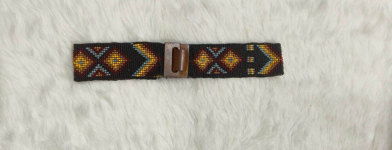 Handmade Stretchable Seed Beaded Belt with Wood Buckle Clasp - Black - Guleel