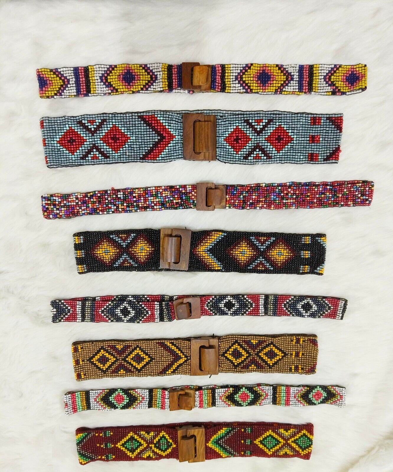 Handmade Stretchable Seed Beaded Belt with Wood Buckle Clasp - Blue - Guleel