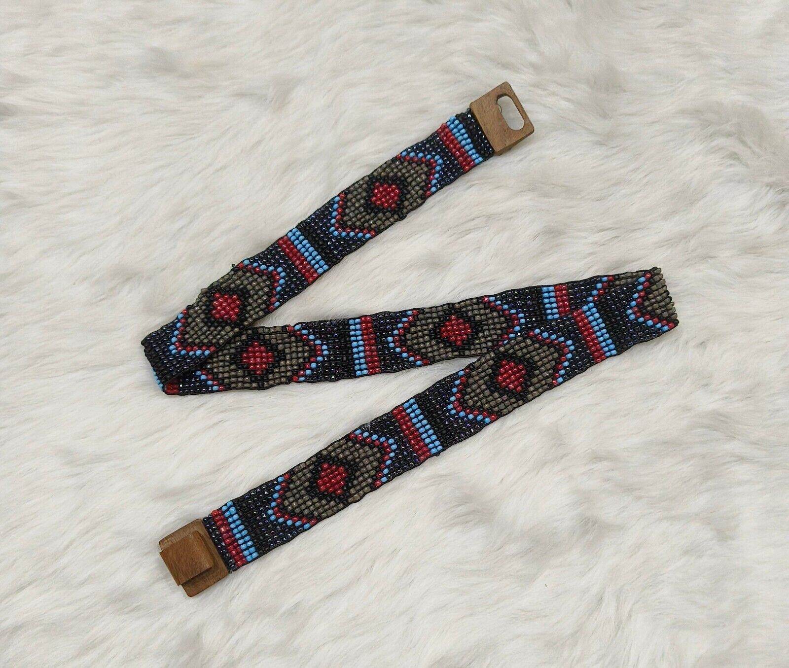 Handmade Stretchable Seed Beaded Belt with Wood Buckle Clasp - Blue - Guleel