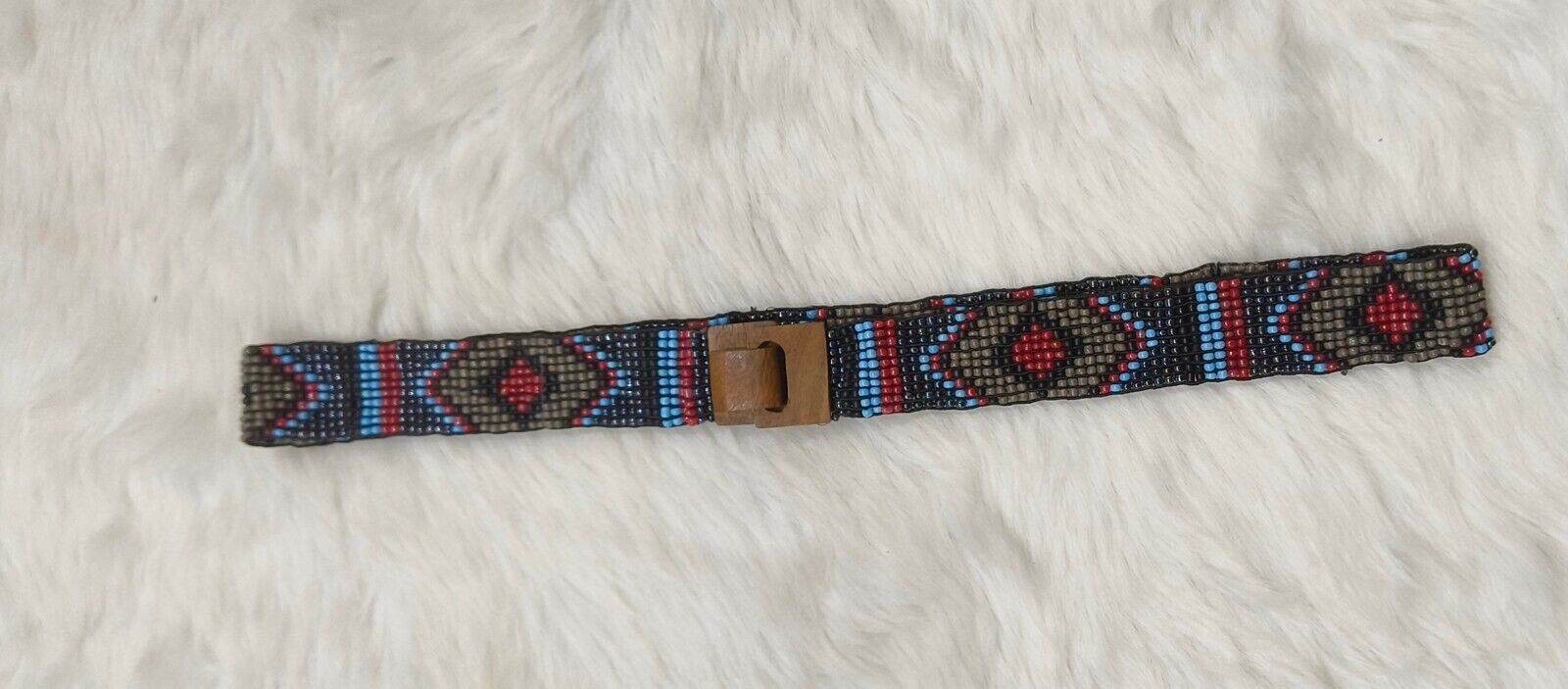 Handmade Stretchable Seed Beaded Belt with Wood Buckle Clasp - Blue - Guleel