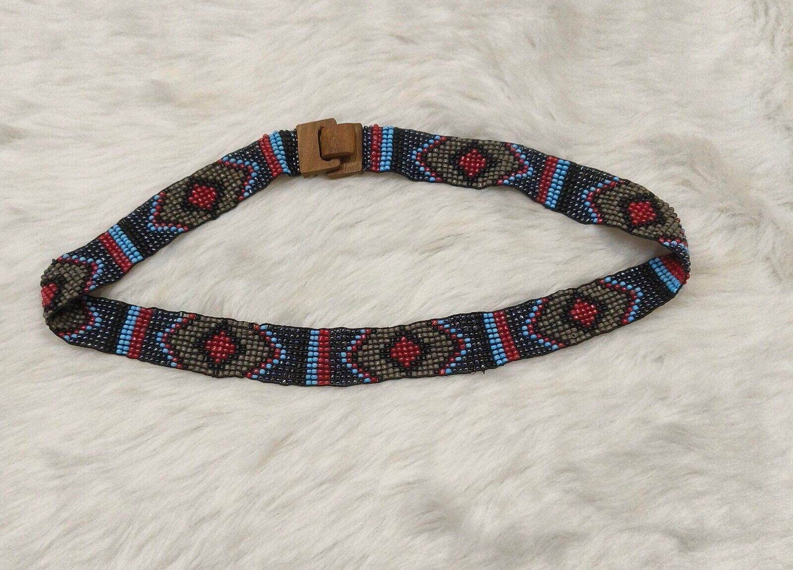 Handmade Stretchable Seed Beaded Belt with Wood Buckle Clasp - Blue - Guleel