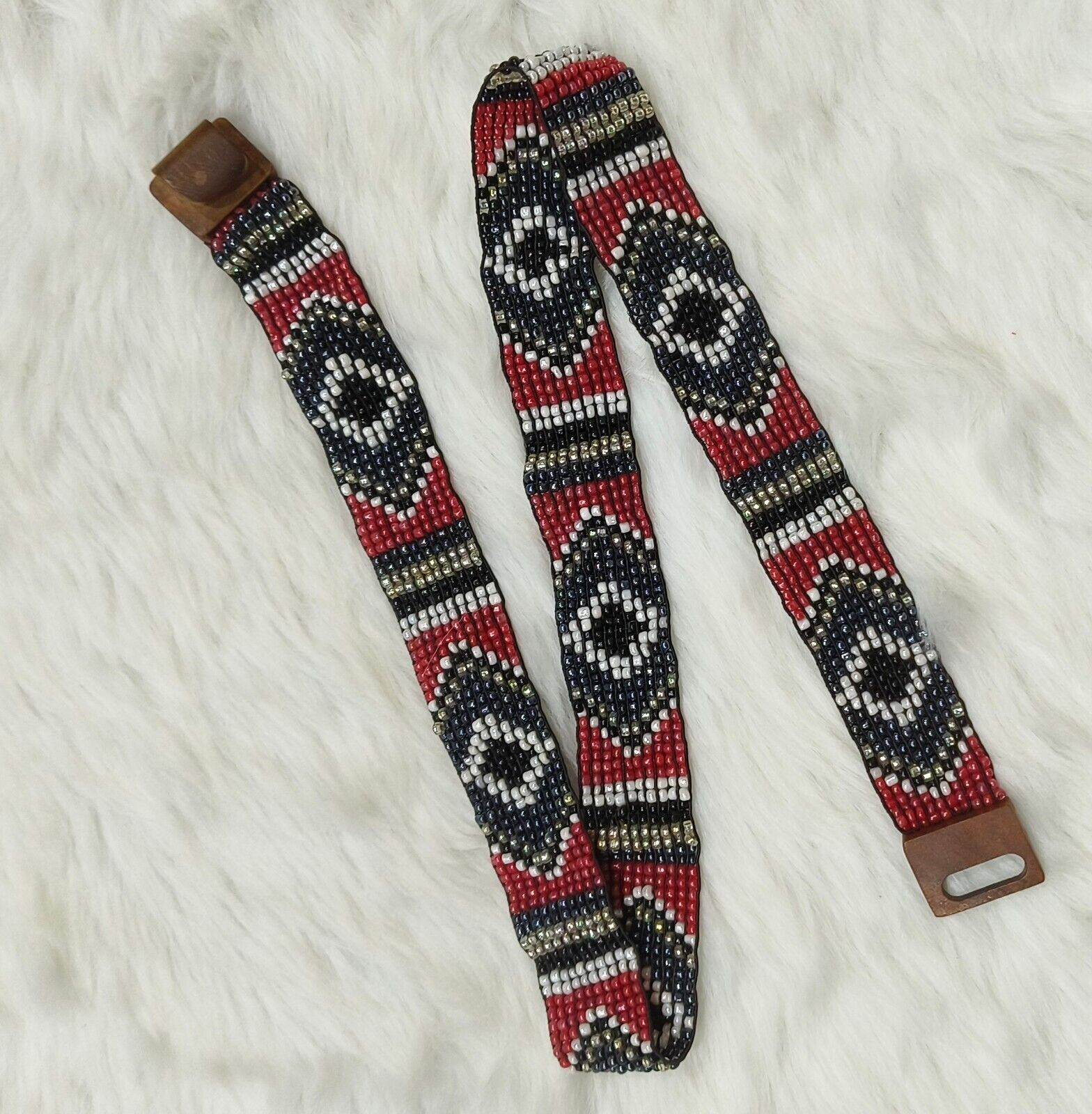 Handmade Stretchable Seed Beaded Belt with Wood Buckle Clasp - Red and Black - Guleel