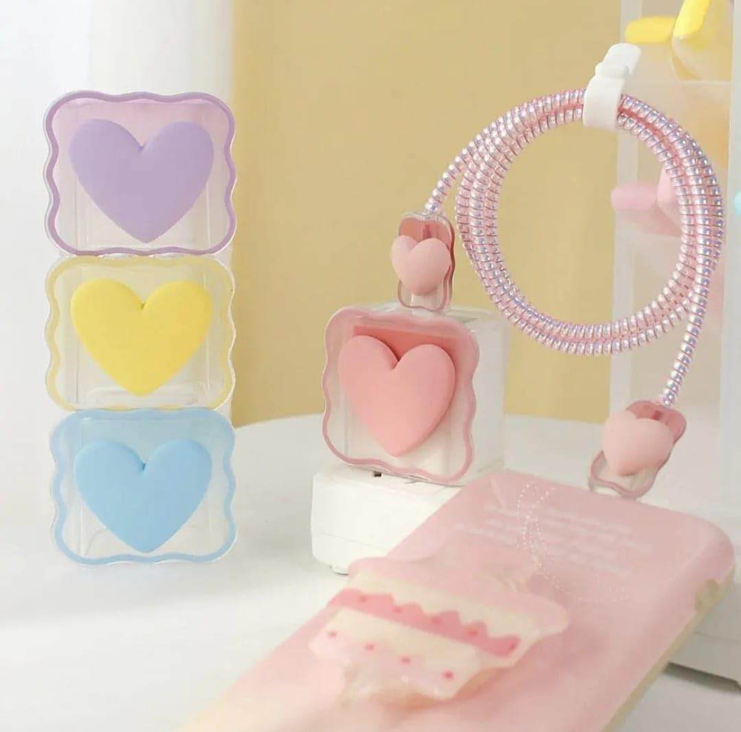 Silicone Cartoon iPhone 3D Heart Charger Case Cover for 18-20W Chargers - Blue (with Wire Cover) - Guleel