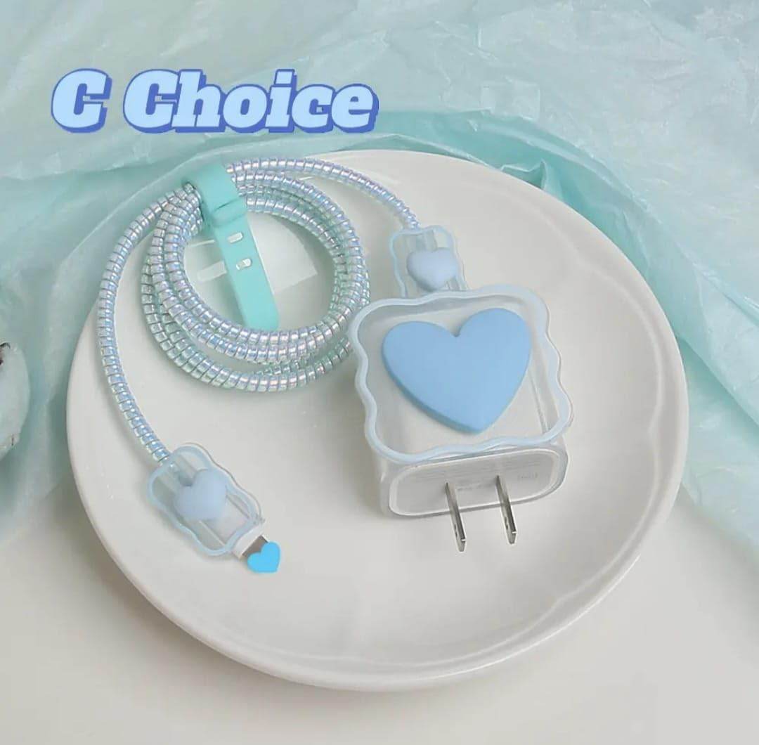 Silicone Cartoon iPhone 3D Heart Charger Case Cover for 18-20W Chargers - Blue (with Wire Cover) - Guleel