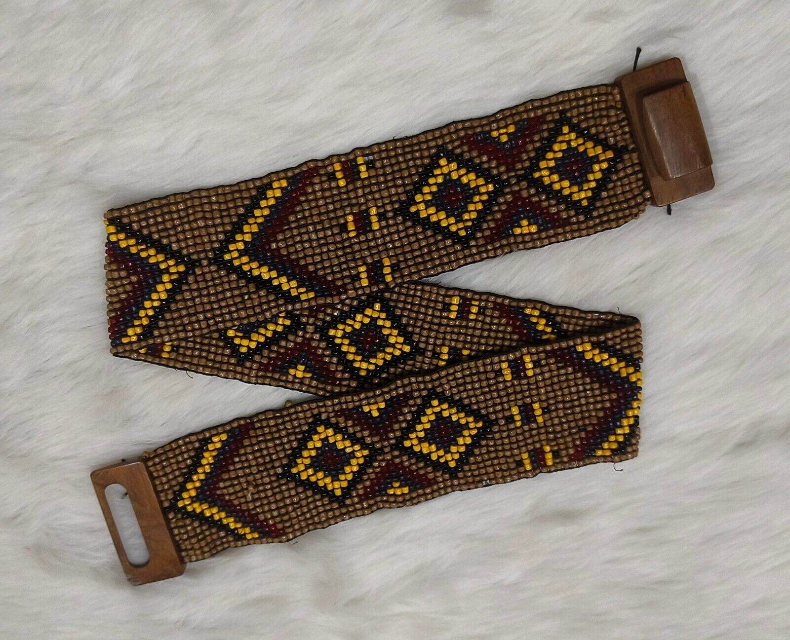Handmade Stretchable Seed Beaded Belt with Wood Buckle Clasp - Brown - Guleel