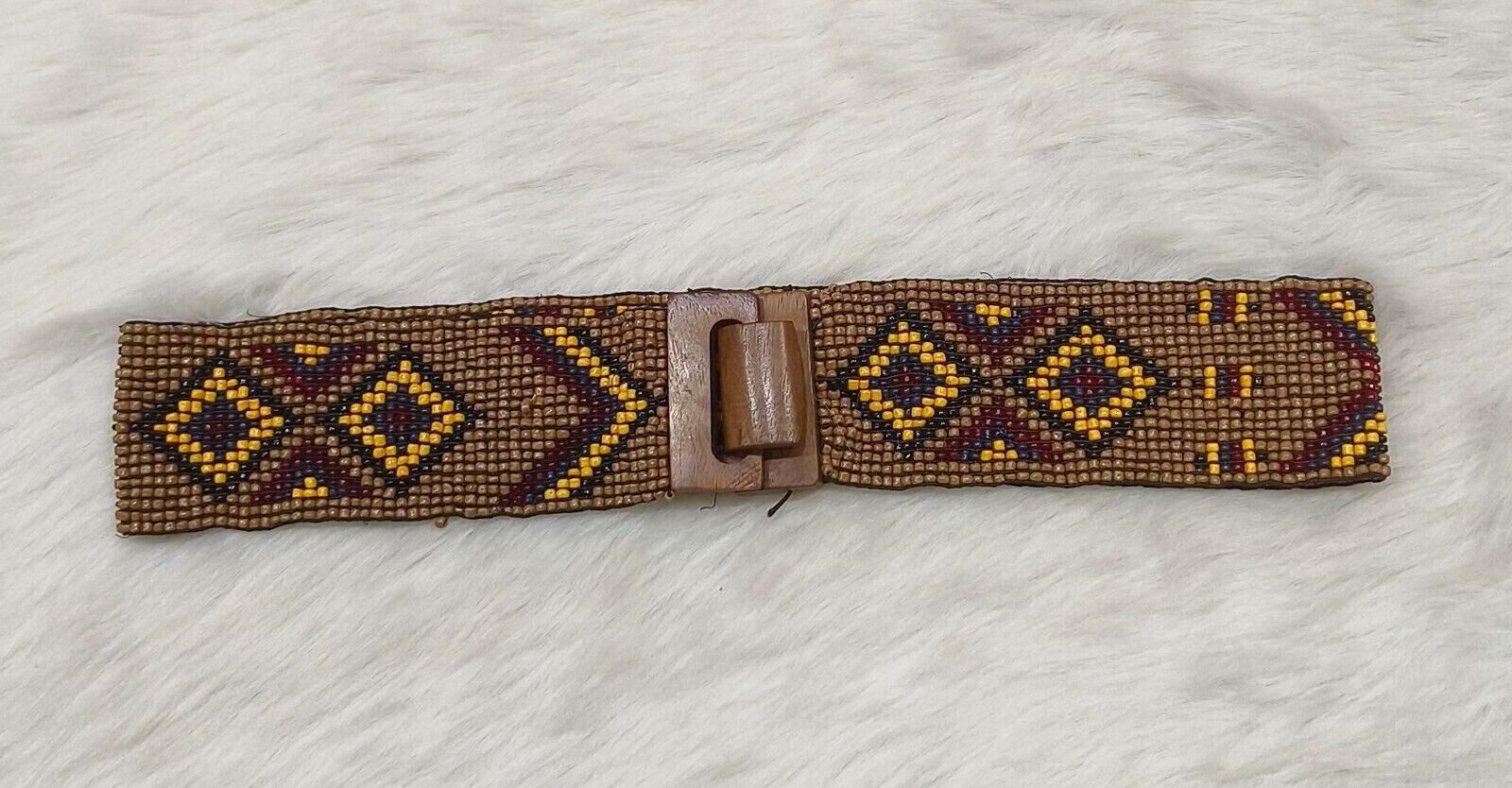 Handmade Stretchable Seed Beaded Belt with Wood Buckle Clasp - Brown - Guleel