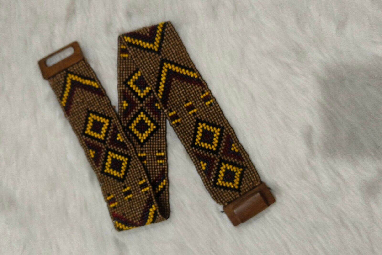 Handmade Stretchable Seed Beaded Belt with Wood Buckle Clasp - Brown - Guleel