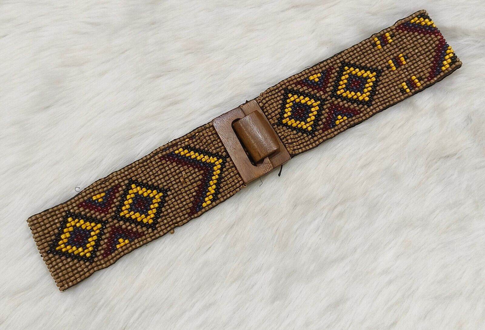 Handmade Stretchable Seed Beaded Belt with Wood Buckle Clasp - Brown - Guleel