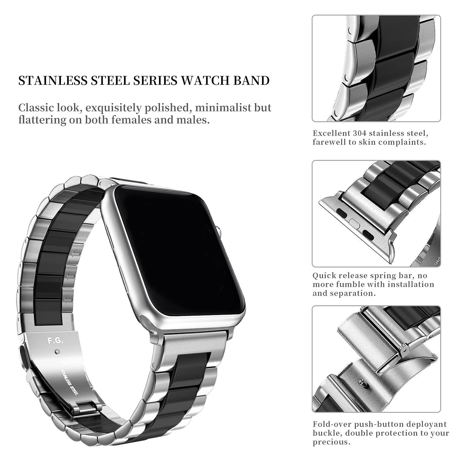 Premium Stainless Steel iWatch Band for Apple Watch Series 8/7/6/5/4/3/2/1/SE/SE2/Ultra - Black Silver - Guleel
