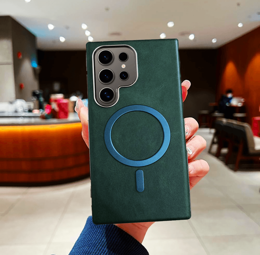 Galaxy S23 Ultra Premium Leather Mag Safe Case - Dark Green - Guleel