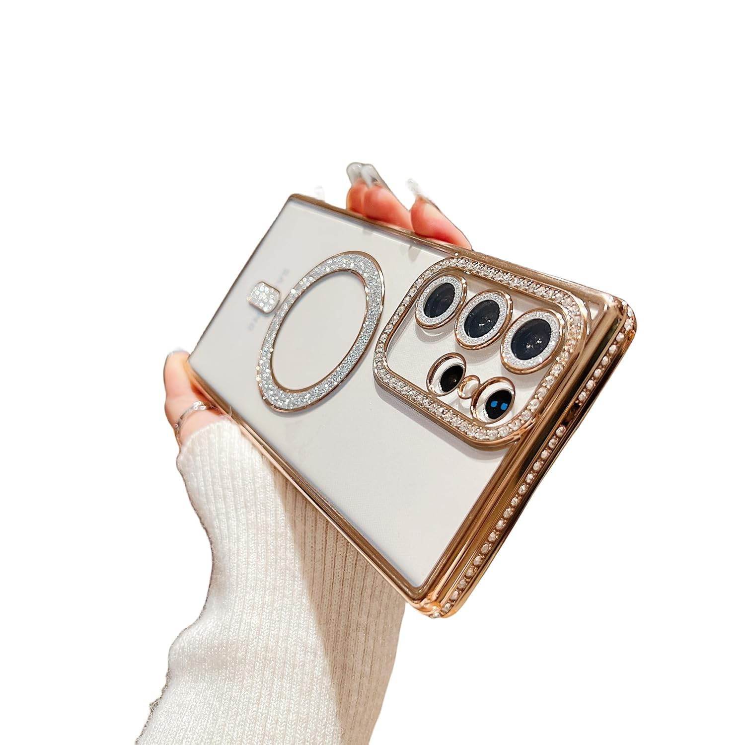 Glitter Camera Protection Magnetic Mag Safe Transparent Case Cover - Gold - Guleel