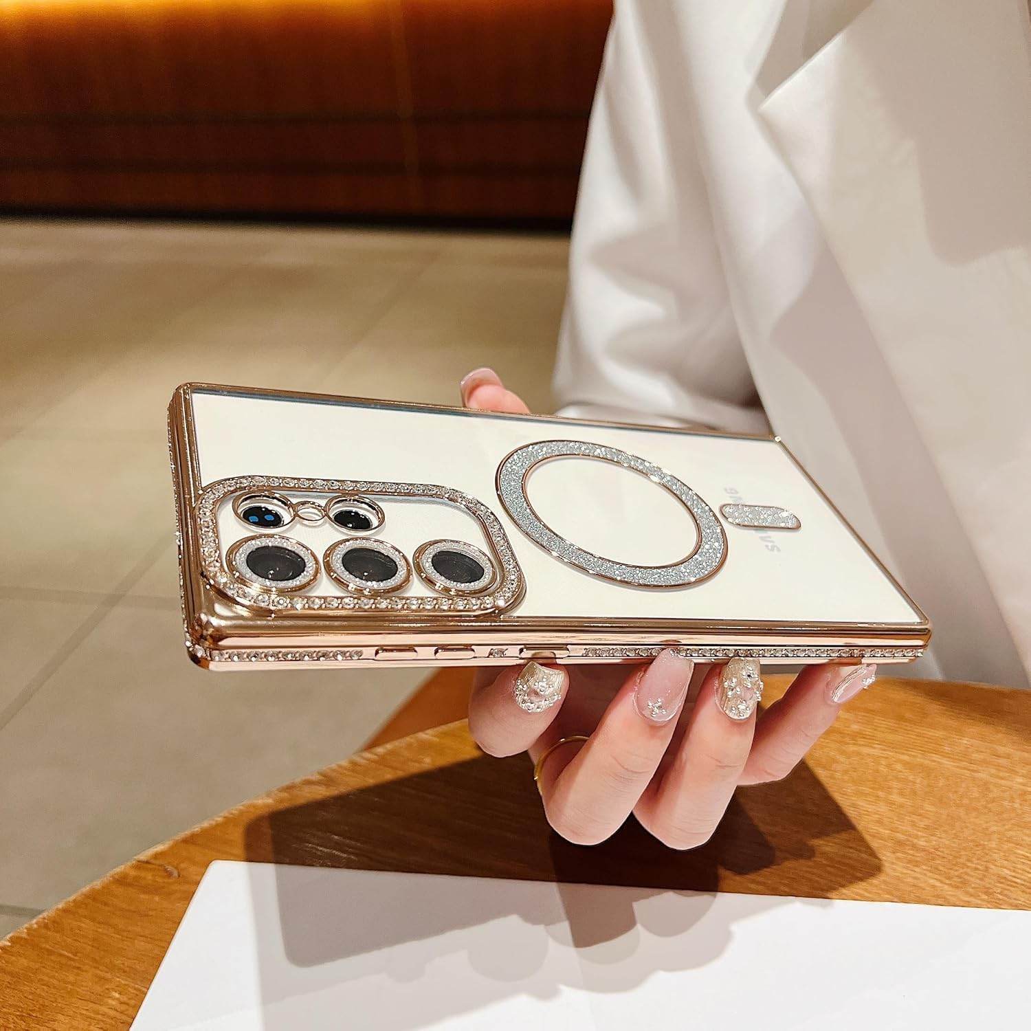 Glitter Camera Protection Magnetic Mag Safe Transparent Case Cover - Gold - Guleel