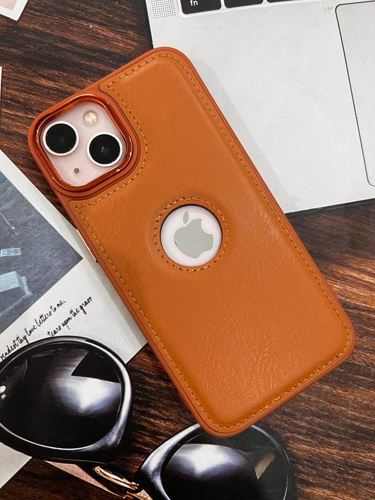 iPhone 14 Premium Leather Stitched Phone Cover – Light Brown - Guleel