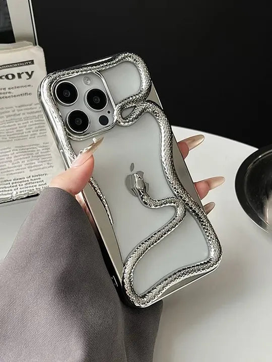 Premium Glossy 3D Snake Design Mobile Cover - Silver