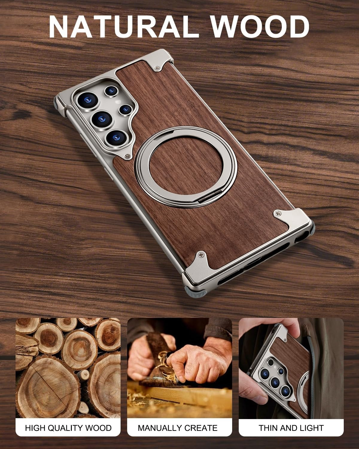 Magnetic Wooden Stand Shockproof Mobile Cover