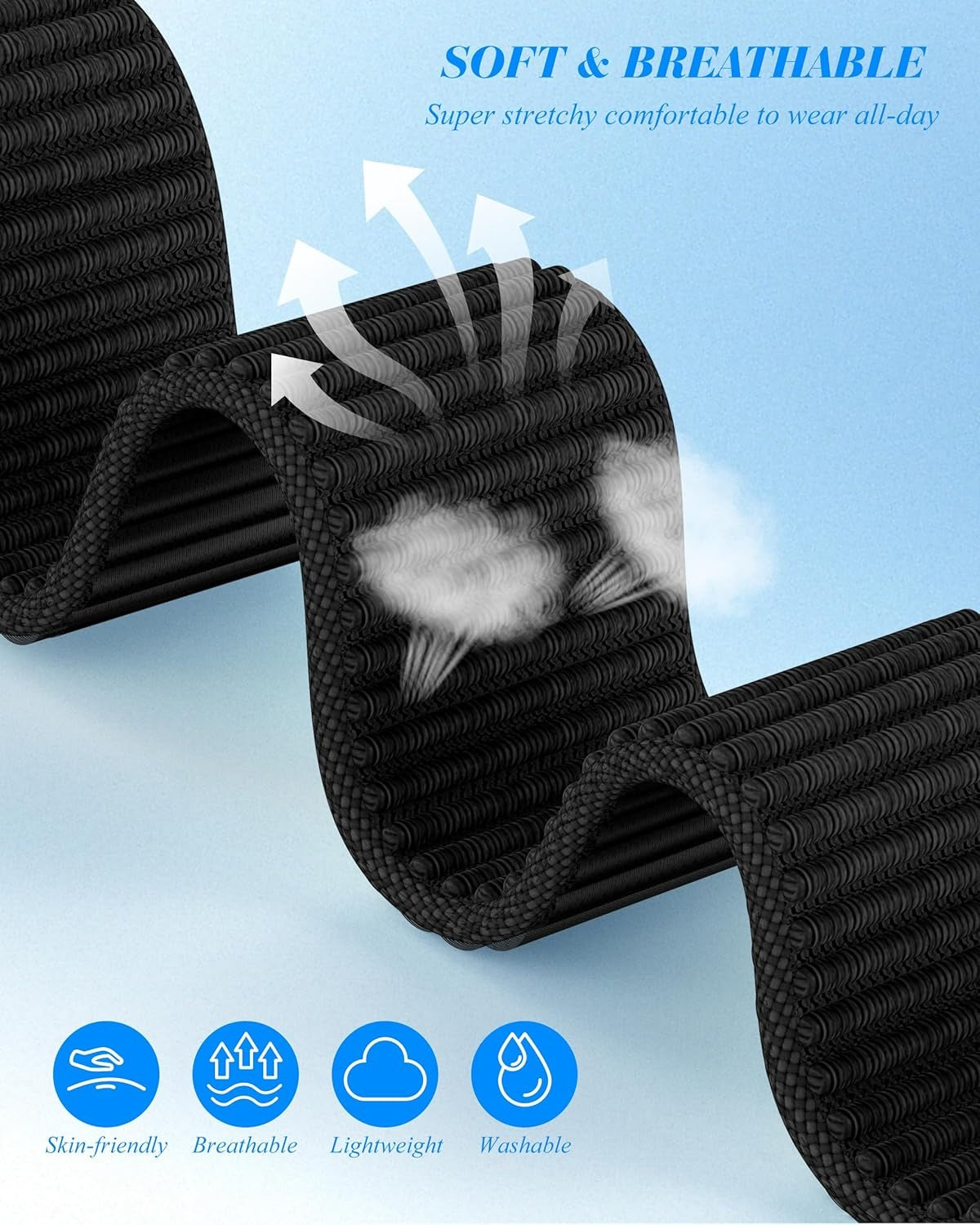 Nylon Loop Sport Band Compatible with Apple Watch Series 11/10/9/8/7/6/5/4/3/2/1 SE3 SE2 SE Ultra3/2/1, 38mm 40mm 41mm 42mm 44mm 45mm 46mm 49mm, Soft Adjustable Strap - Black