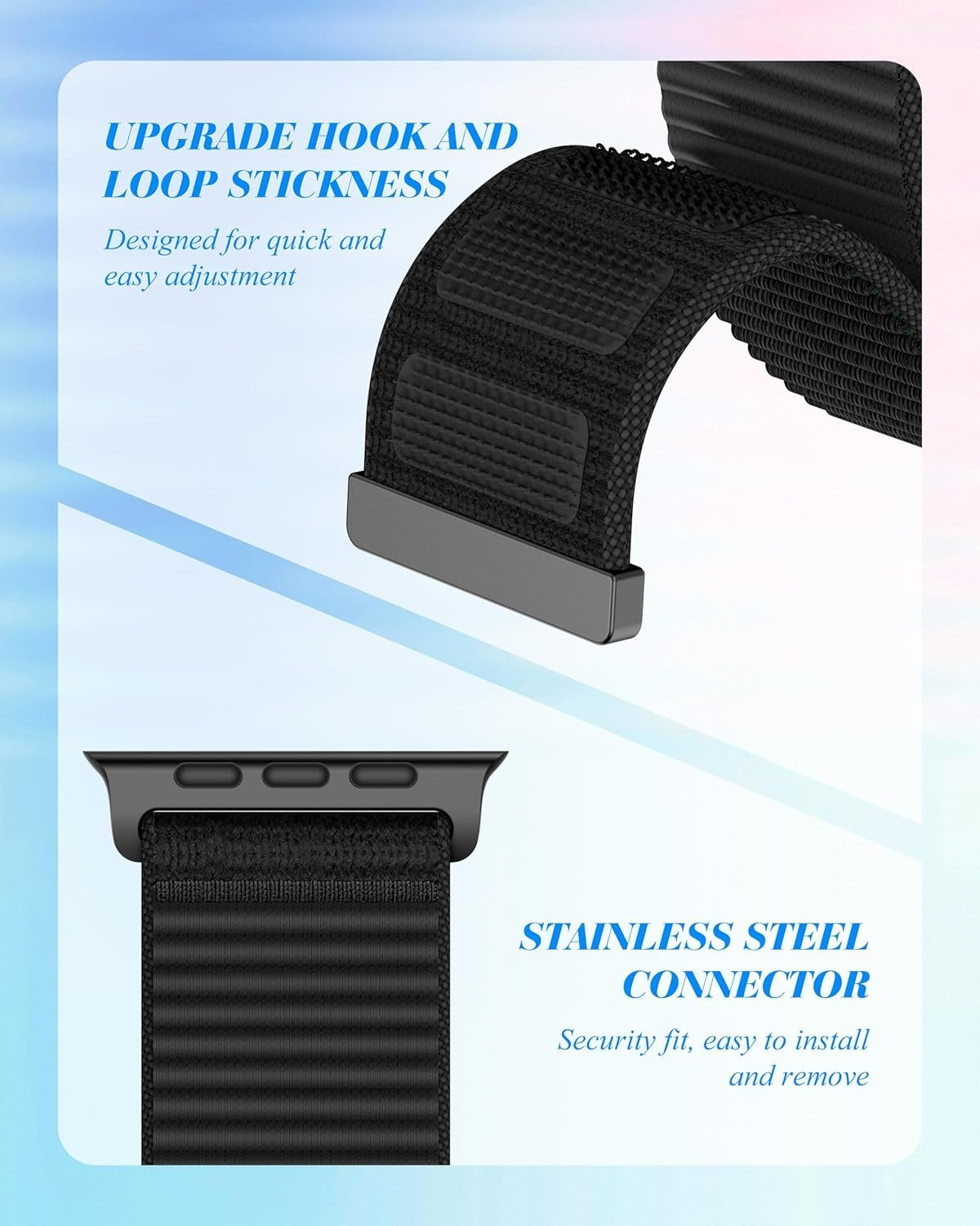 Nylon Loop Sport Band Compatible with Apple Watch Series 11/10/9/8/7/6/5/4/3/2/1 SE3 SE2 SE Ultra3/2/1, 38mm 40mm 41mm 42mm 44mm 45mm 46mm 49mm, Soft Adjustable Strap - Black