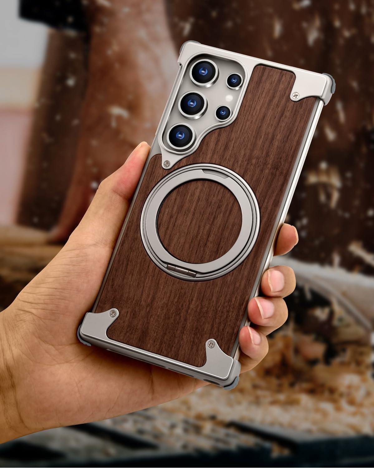 Magnetic Wooden Stand Shockproof Mobile Cover
