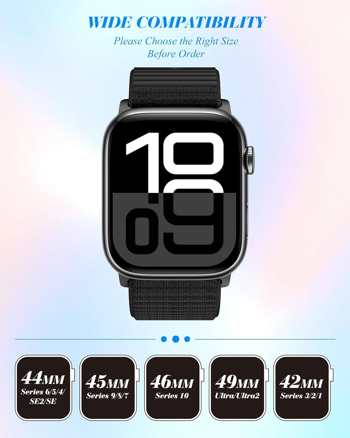 Nylon Loop Sport Band Compatible with Apple Watch Series 11/10/9/8/7/6/5/4/3/2/1 SE3 SE2 SE Ultra3/2/1, 38mm 40mm 41mm 42mm 44mm 45mm 46mm 49mm, Soft Adjustable Strap - Black