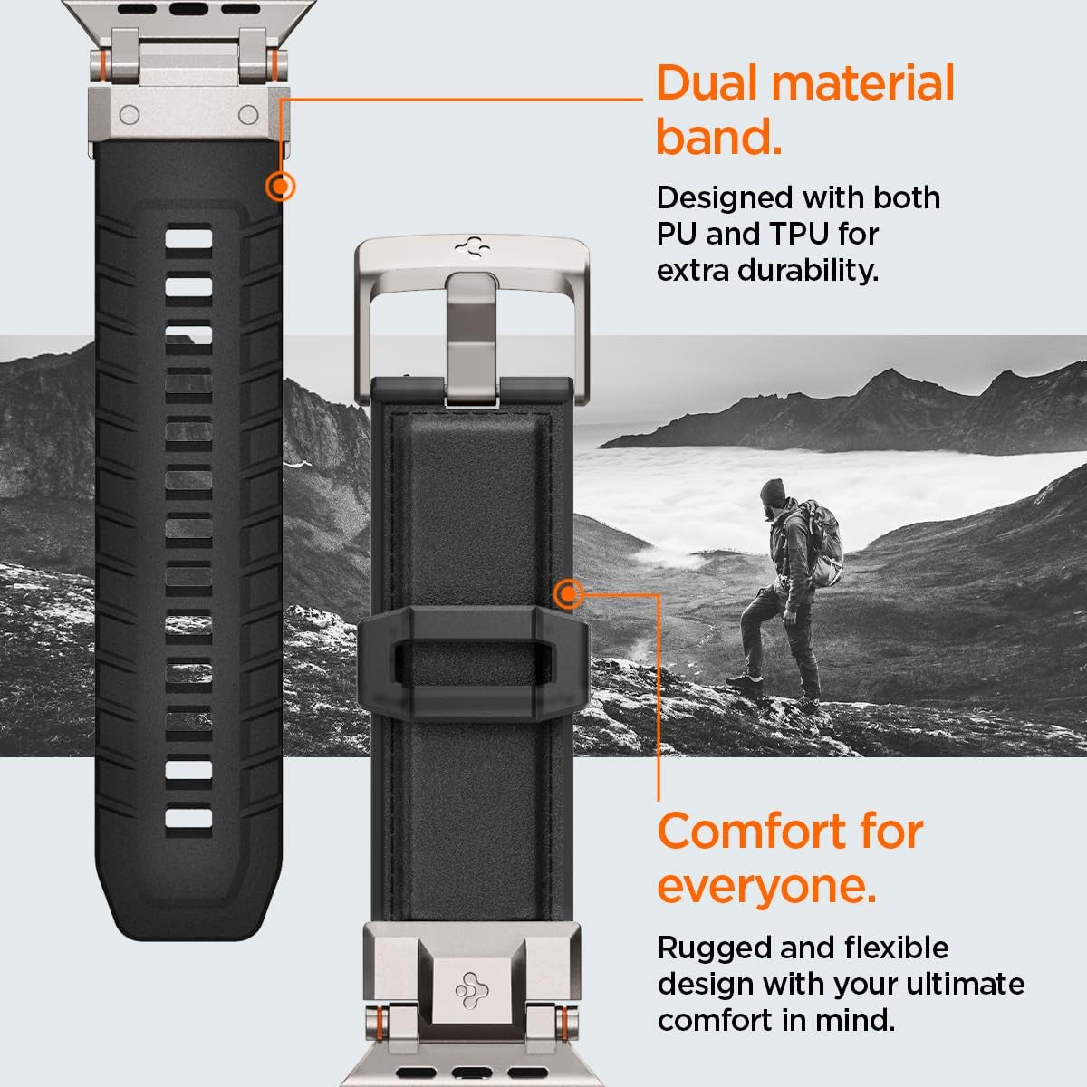 Strap Band for Apple Watch Ultra 3/2/1 49mm, Series 11/10 46mm, 9/8/7 45mm, SE3/SE2/SE/6/5/4 44mm, 3/2/1 42mm, Shockproof, Durable(DuraPro Armor PU) - Black