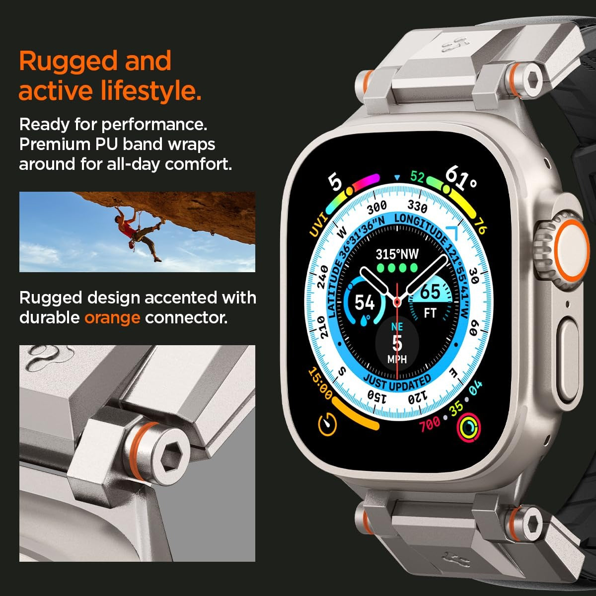 Strap Band for Apple Watch Ultra 3/2/1 49mm, Series 11/10 46mm, 9/8/7 45mm, SE3/SE2/SE/6/5/4 44mm, 3/2/1 42mm, Shockproof, Durable(DuraPro Armor PU) - Black
