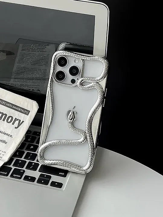 Premium Glossy 3D Snake Design Mobile Cover - Silver