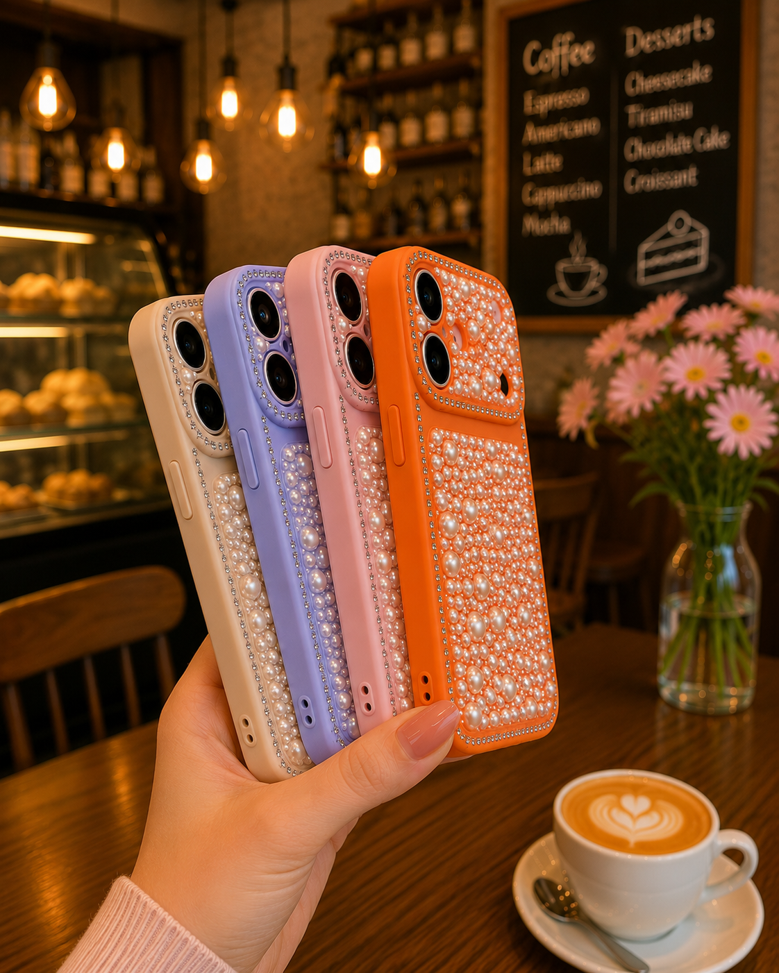 iPhone 16 Premium Pearl Rhinestone Elegant Shockproof Luxury Mobile Cover