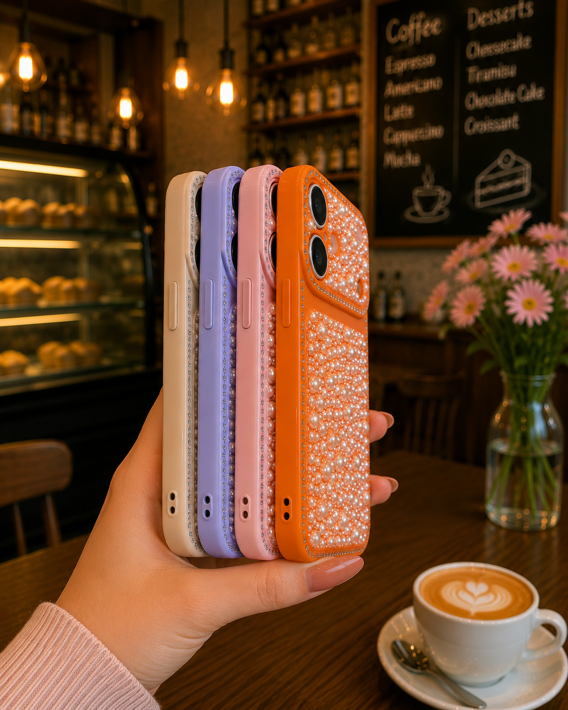 iPhone 16 Premium Pearl Rhinestone Elegant Shockproof Luxury Mobile Cover