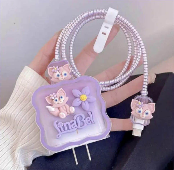 Silicone Cartoon iPhone 3D Flower Kitten Charger Case Cover for 18-20W Chargers - Lavender (with Wire Cover) - Guleel
