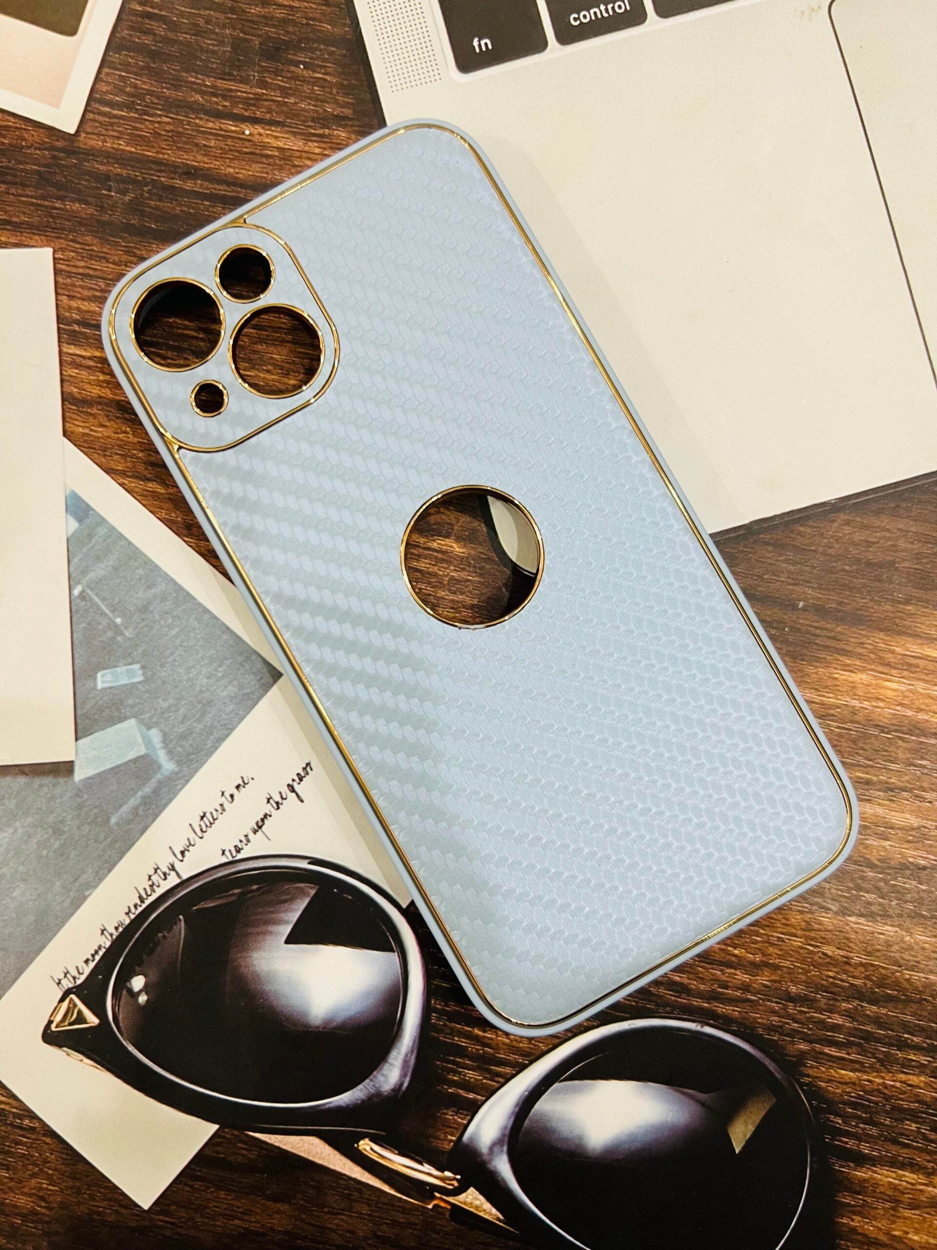 iPhone 13 Premium Carbon Fibre Leather Case - Light Blue - Guleel