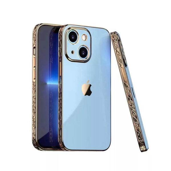 iPhone 12 Premium Silicone Embroidery Graving Cover - Light Blue - Guleel