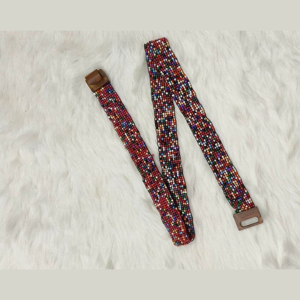 Handmade Stretchable Seed Beaded Belt with Wood Buckle Clasp - Multi Color - Guleel
