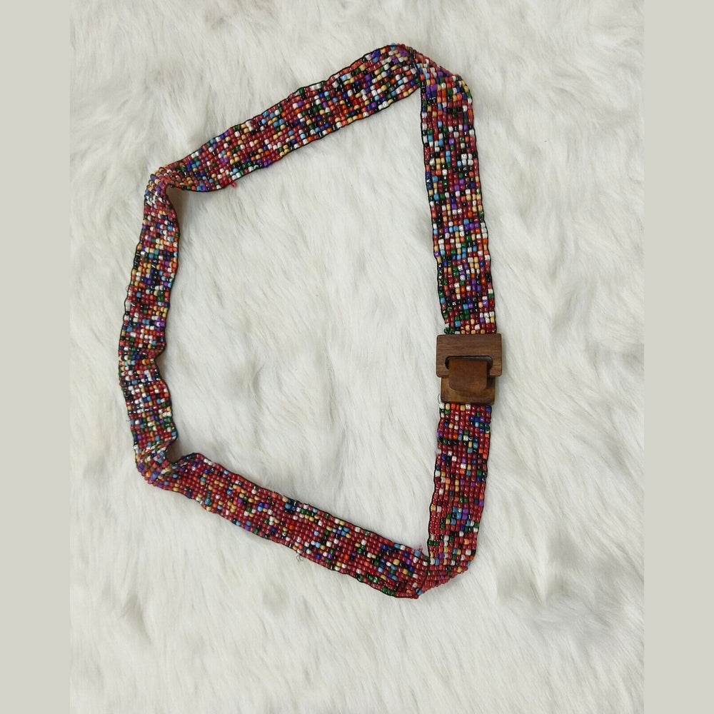 Handmade Stretchable Seed Beaded Belt with Wood Buckle Clasp - Multi Color - Guleel