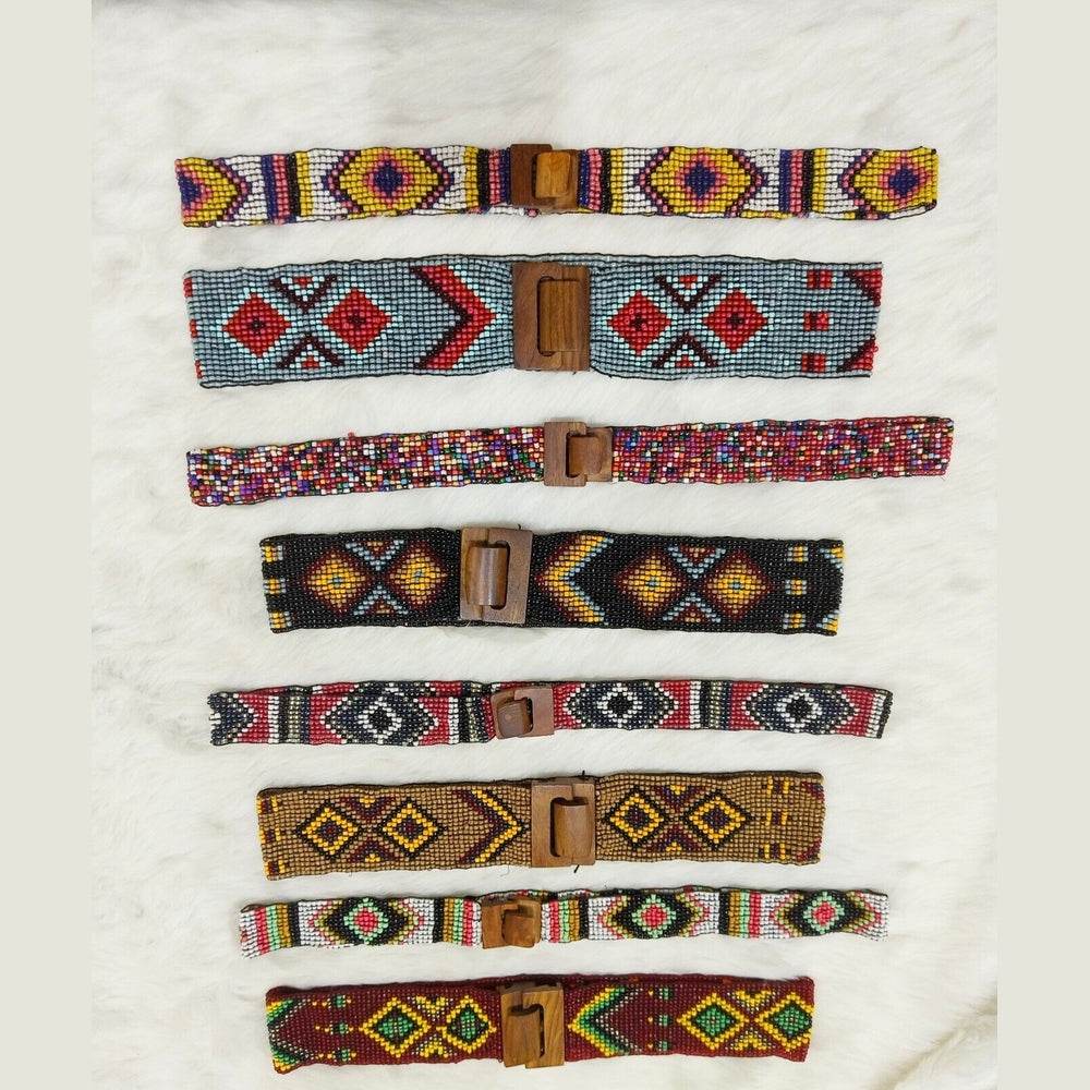 Handmade Stretchable Seed Beaded Belt with Wood Buckle Clasp - Multi Color - Guleel
