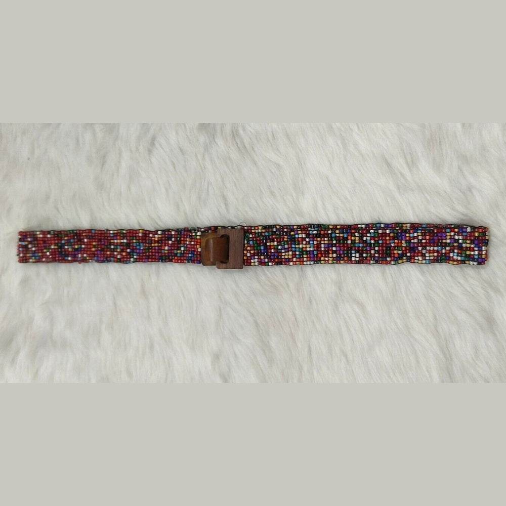 Handmade Stretchable Seed Beaded Belt with Wood Buckle Clasp - Multi Color - Guleel