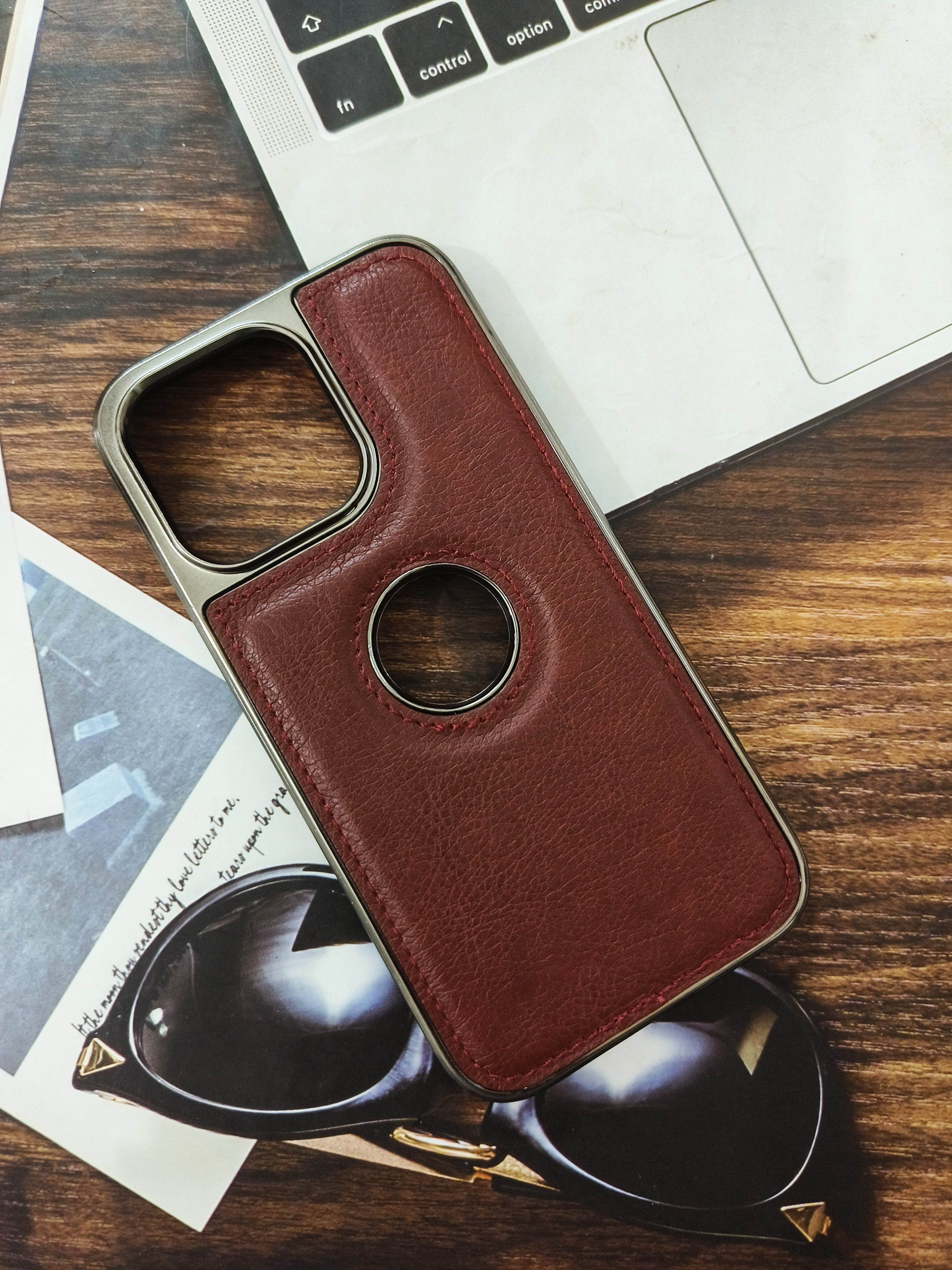 iPhone 14 Pro Max Premium Leather Logo Cut Case - Dark Brown - Guleel