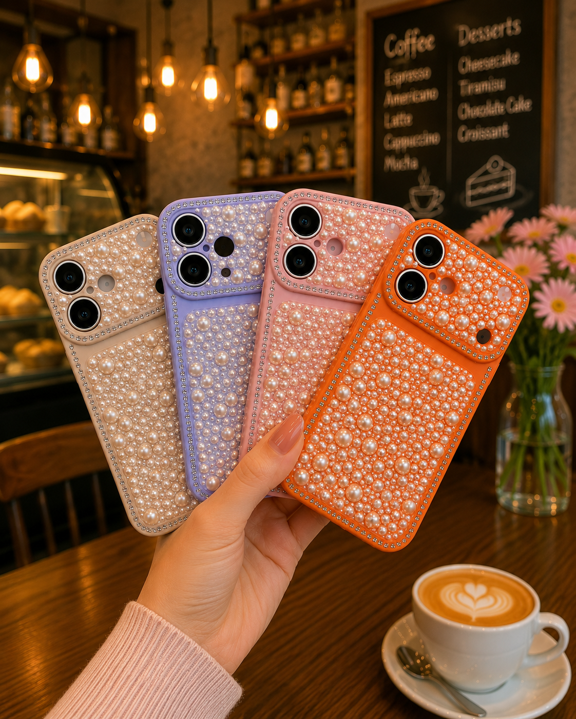 iPhone 16 Premium Pearl Rhinestone Elegant Shockproof Luxury Mobile Cover