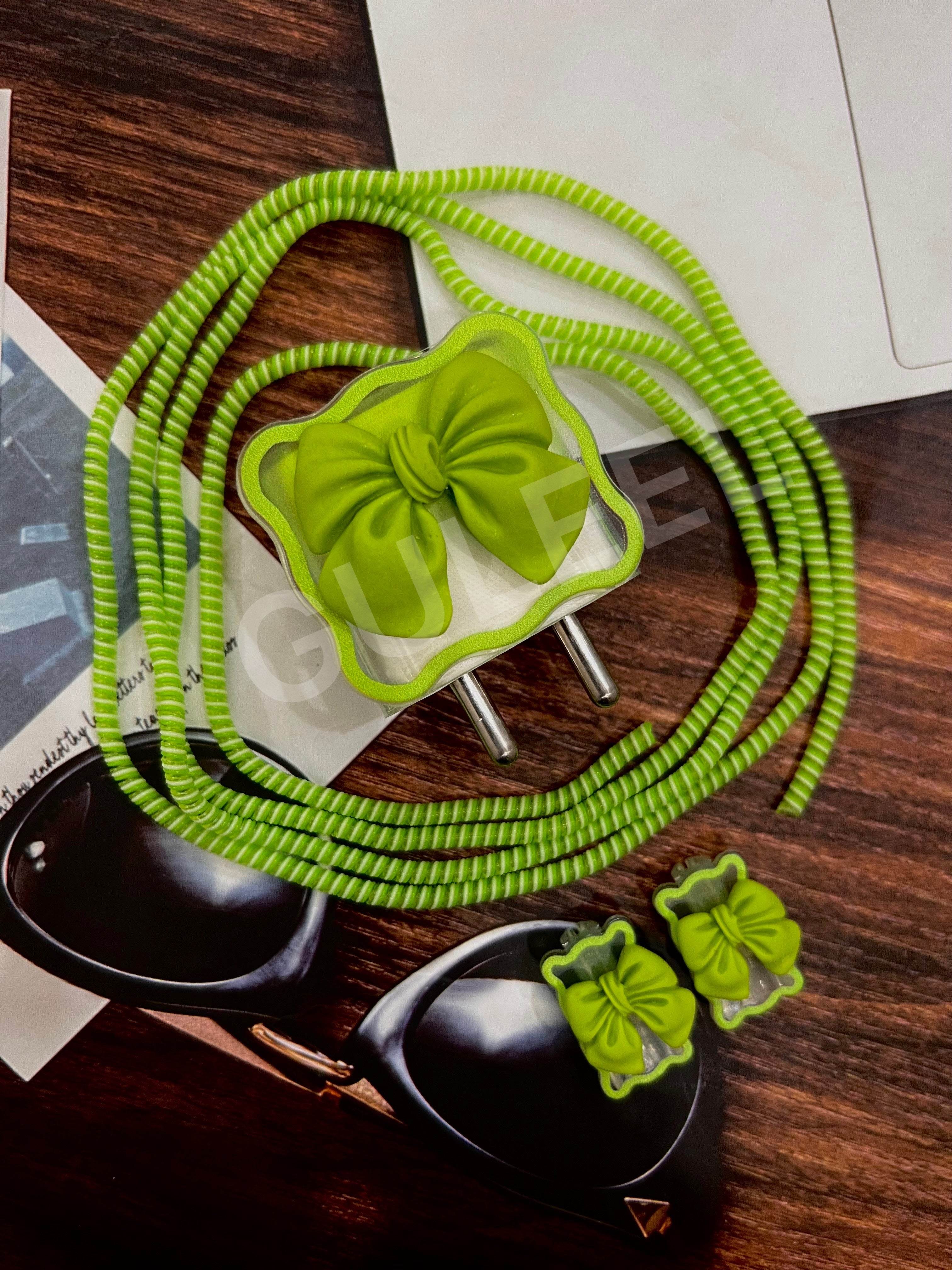 Silicone Cartoon iPhone Bow Charger Case Cover for 18-20W Chargers - Green (with Wire Cover) - Guleel