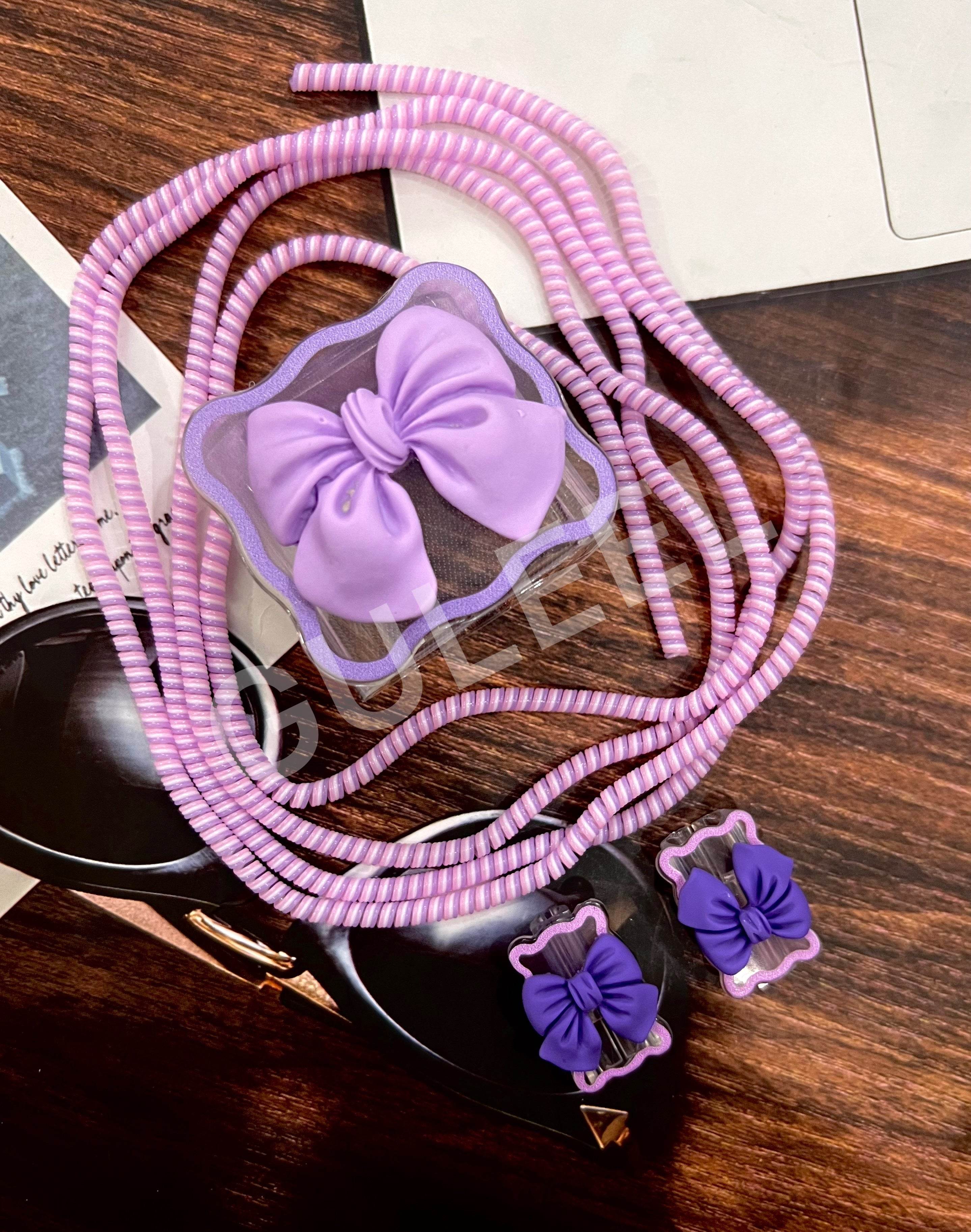 Silicone Cartoon iPhone Bow Charger Case Cover for 18-20W Chargers - Purple (with Wire Cover) - Guleel