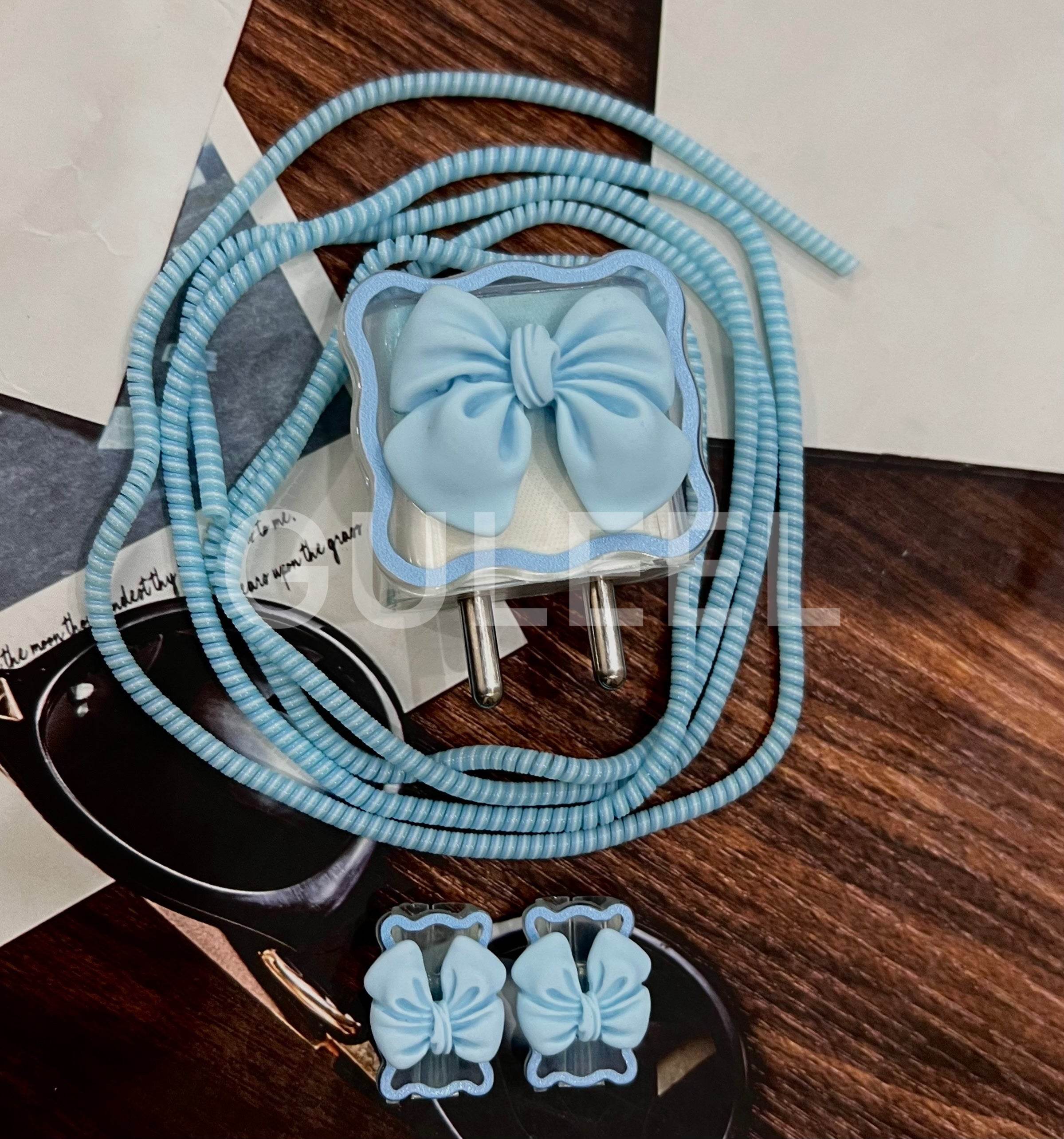 Silicone Cartoon iPhone Bow Charger Case Cover for 18-20W Chargers - Blue (with Wire Cover) - Guleel