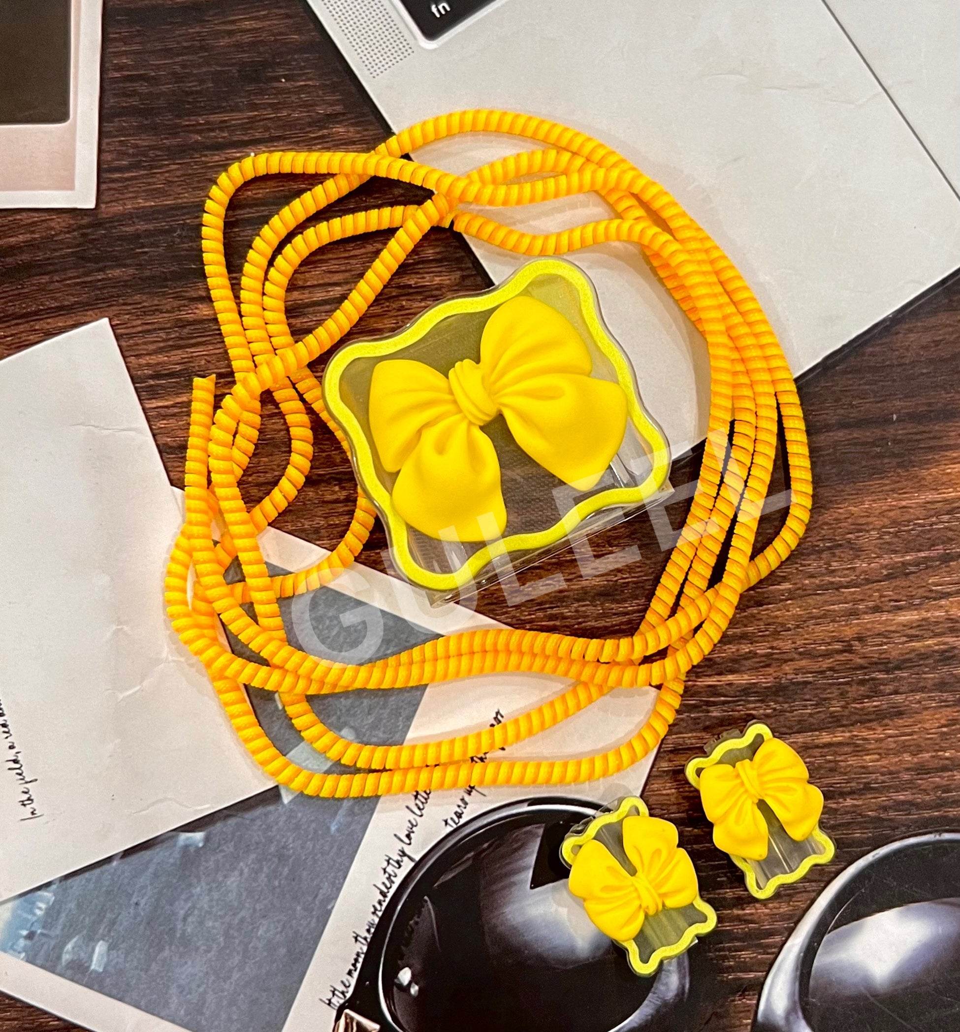 Silicone Cartoon iPhone Bow Charger Case Cover for 18-20W Chargers - Yellow (with Wire Cover) - Guleel