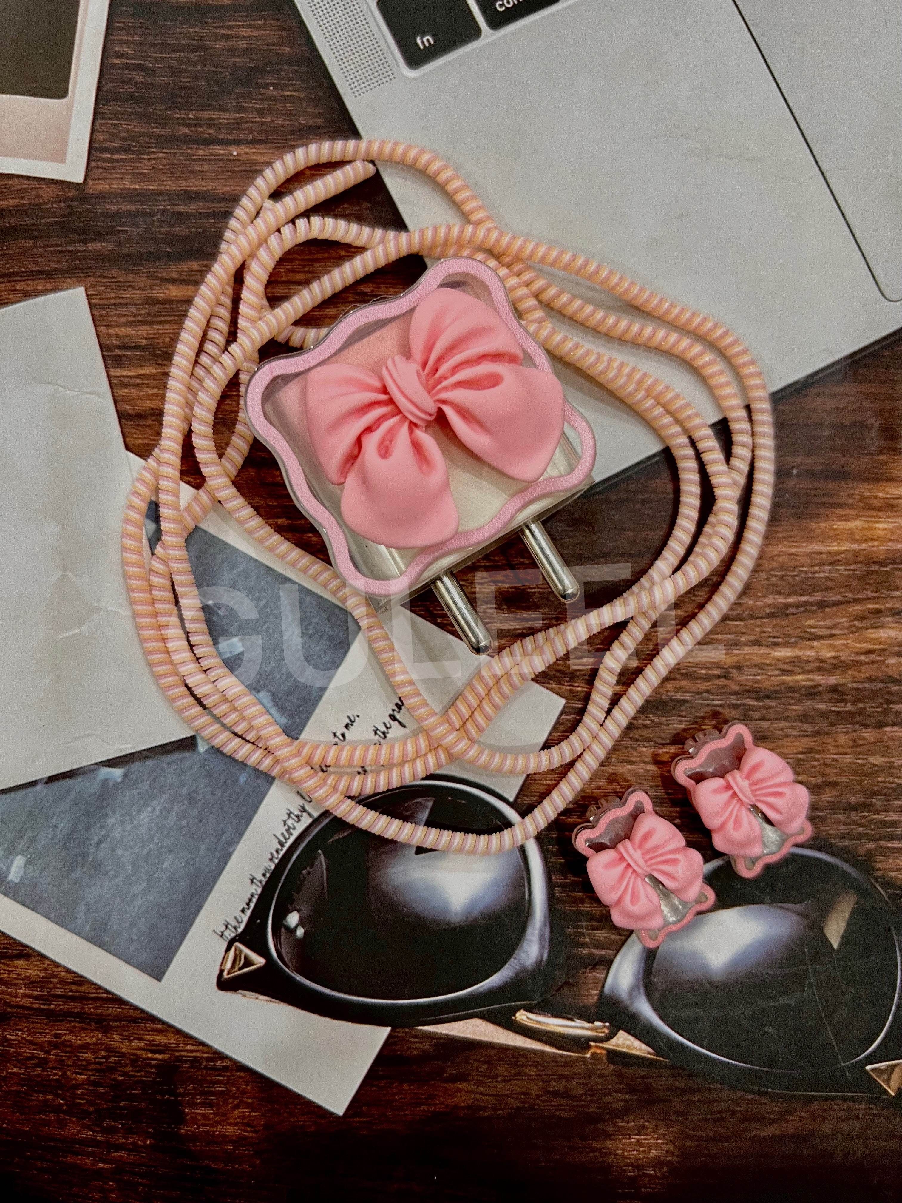 Silicone Cartoon iPhone Bow Charger Case Cover for 18-20W Chargers - Pink (with Wire Cover) - Guleel