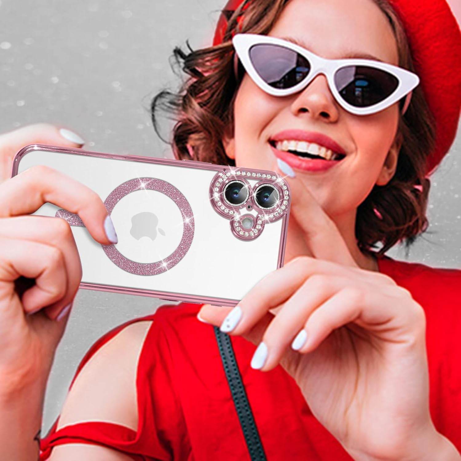 iPhone 16 Glitter Transparent Diamond Wireless Charging Magnetic MagSafe Case - Pink - Guleel