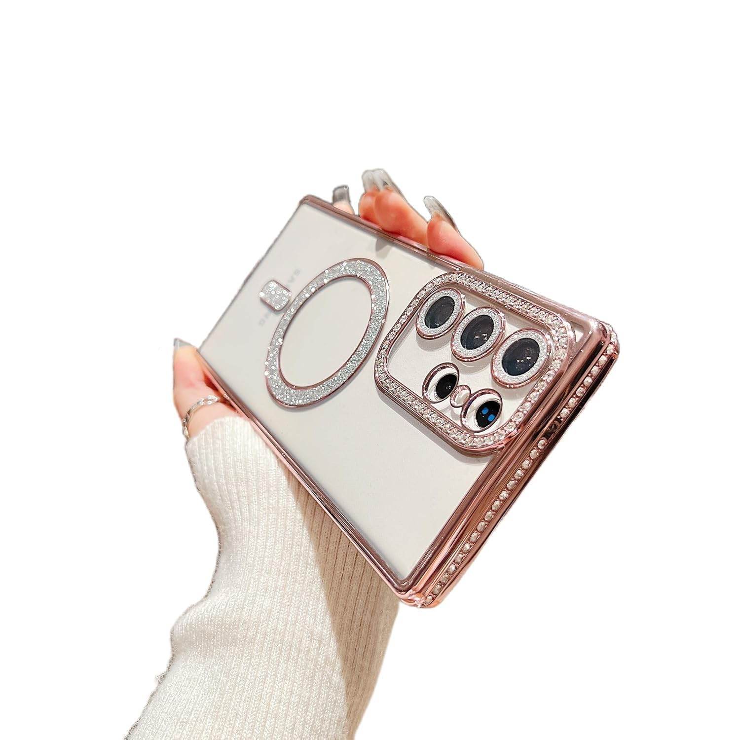 Samsung Galaxy S25 Ultra Glitter Camera Protection Magnetic Mag Safe Transparent Case Cover - Rose Gold - Guleel