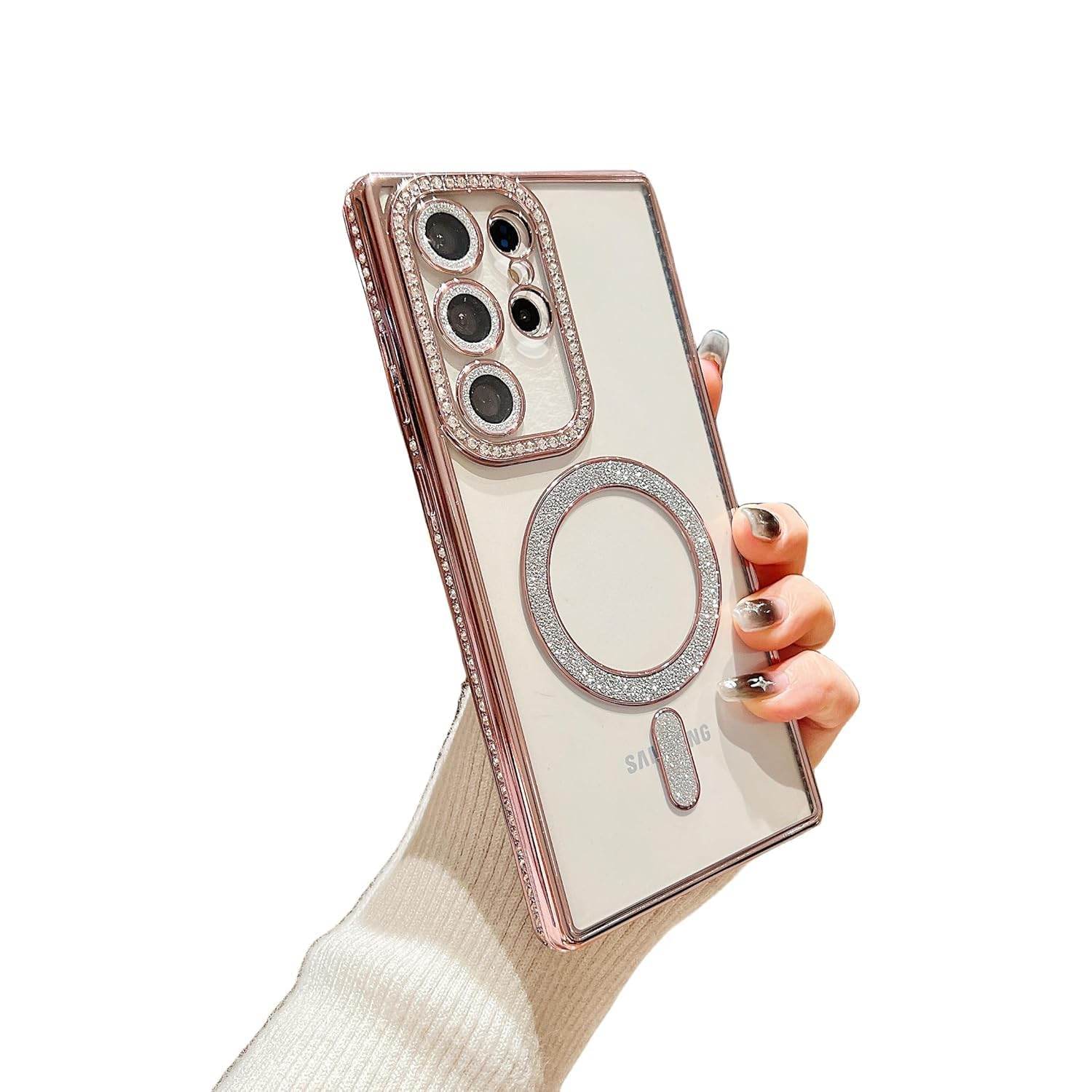 Samsung Galaxy S25 Ultra Glitter Camera Protection Magnetic Mag Safe Transparent Case Cover - Rose Gold - Guleel
