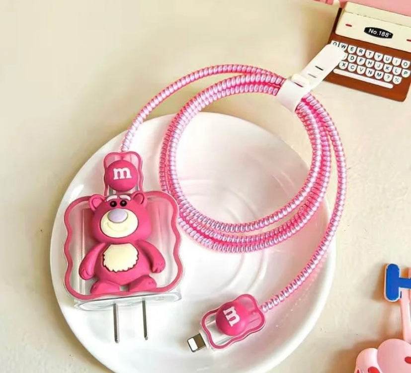 Silicone Cartoon iPhone Charger Case Cover for 18-20W Chargers - Pink Panda (with Wire Cover) - Guleel