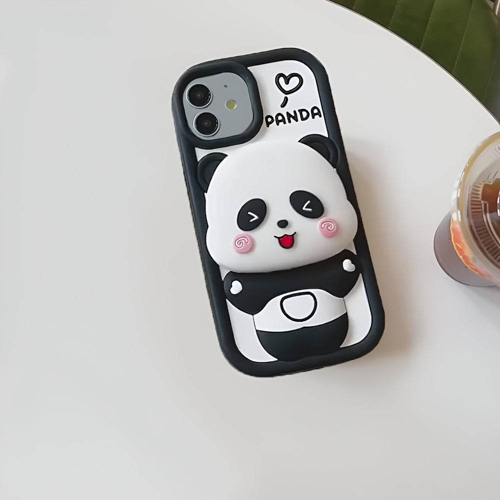 3D Cute Cartoon Panda Silicone Cover with Mirror Stand Case - Black - Guleel