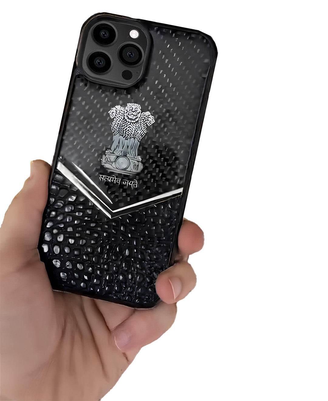 Premium Leather 3D Blocks Engraving Carbon Fibre Back Cover - Black - Guleel