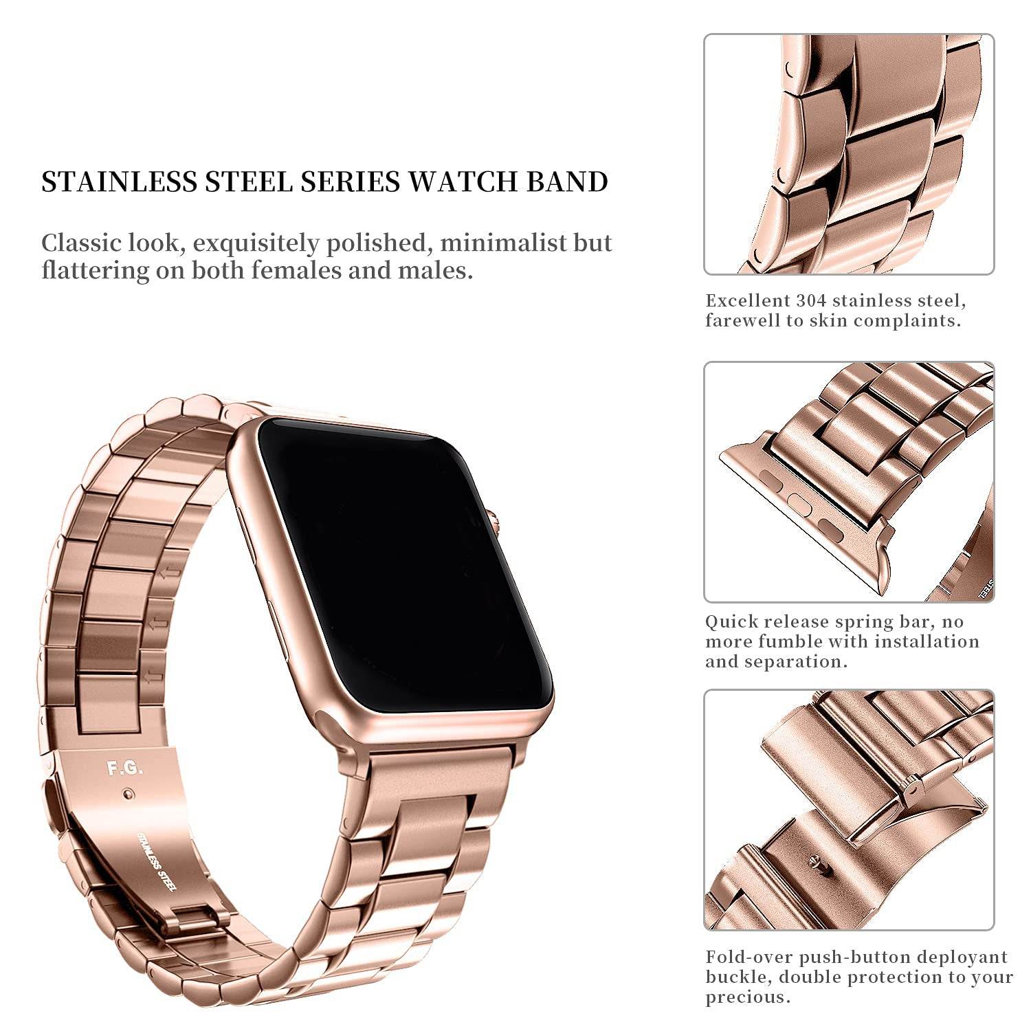 Premium Stainless Steel iWatch Band for Apple Watch Series 8/7/6/5/4/3/2/1/SE/SE2/Ultra - Rose Gold - Guleel